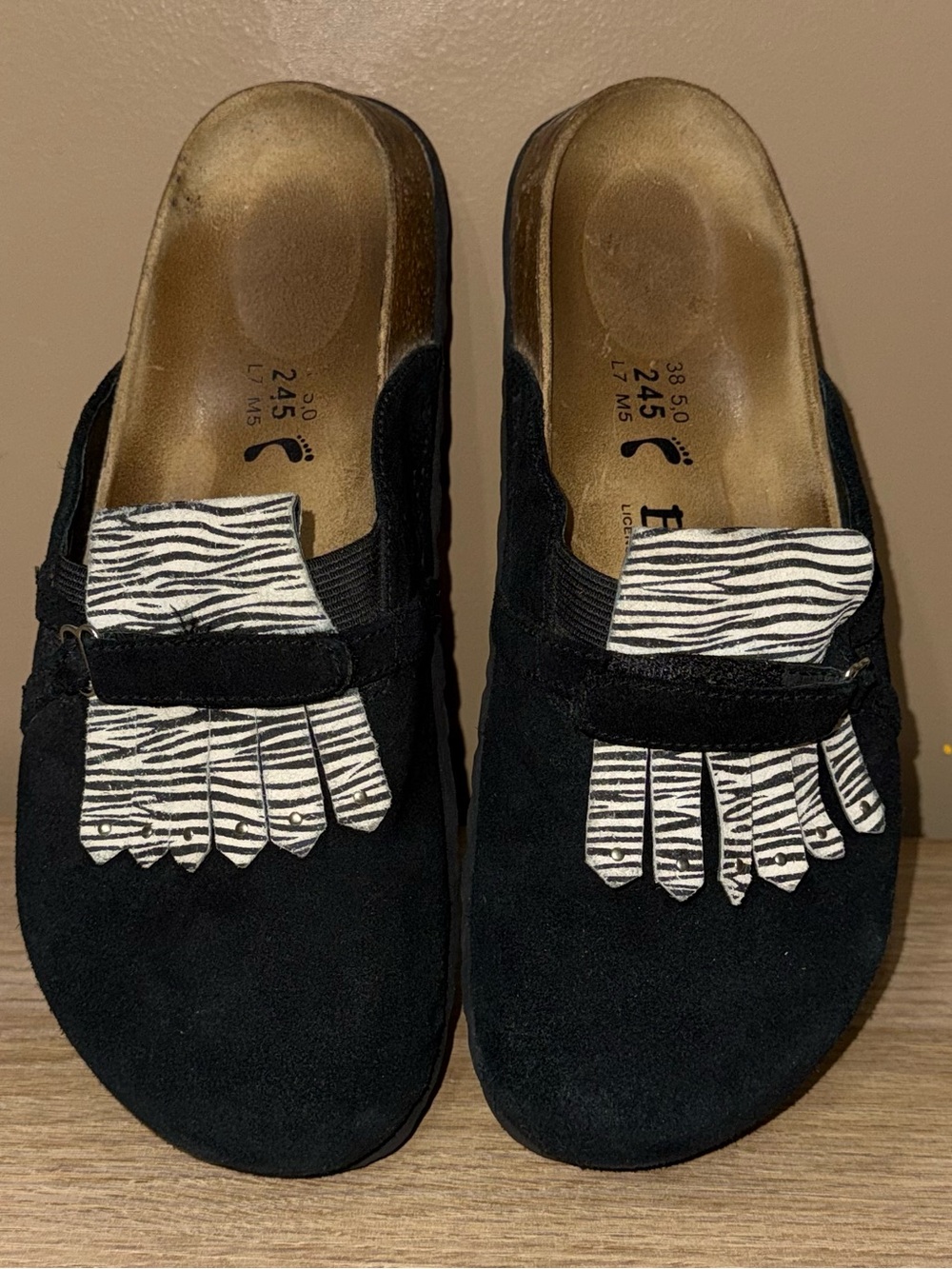 BETULA BY BIRKENSTOCK Black Suede Slip-On Shoes with Zebra Fringe. Size 7.